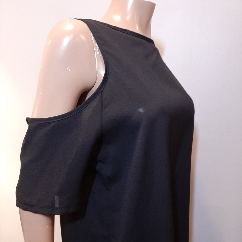 Cold Shoulder Tunic Top Mini Dress Short Sleeve Solid Black Semi Sheer - Picture 7 of 10
